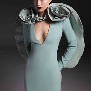 NWT long sleeve dress seafoam gown w/ deep Vneck extravagant taffeta roses XS